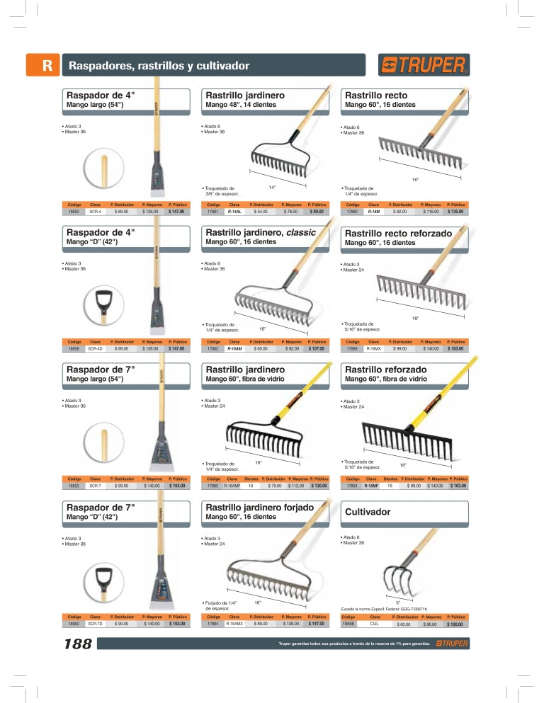 Rastrillo reforzado, 16 dientes, mango 60' fibra de vidrio Clave-R-16MF