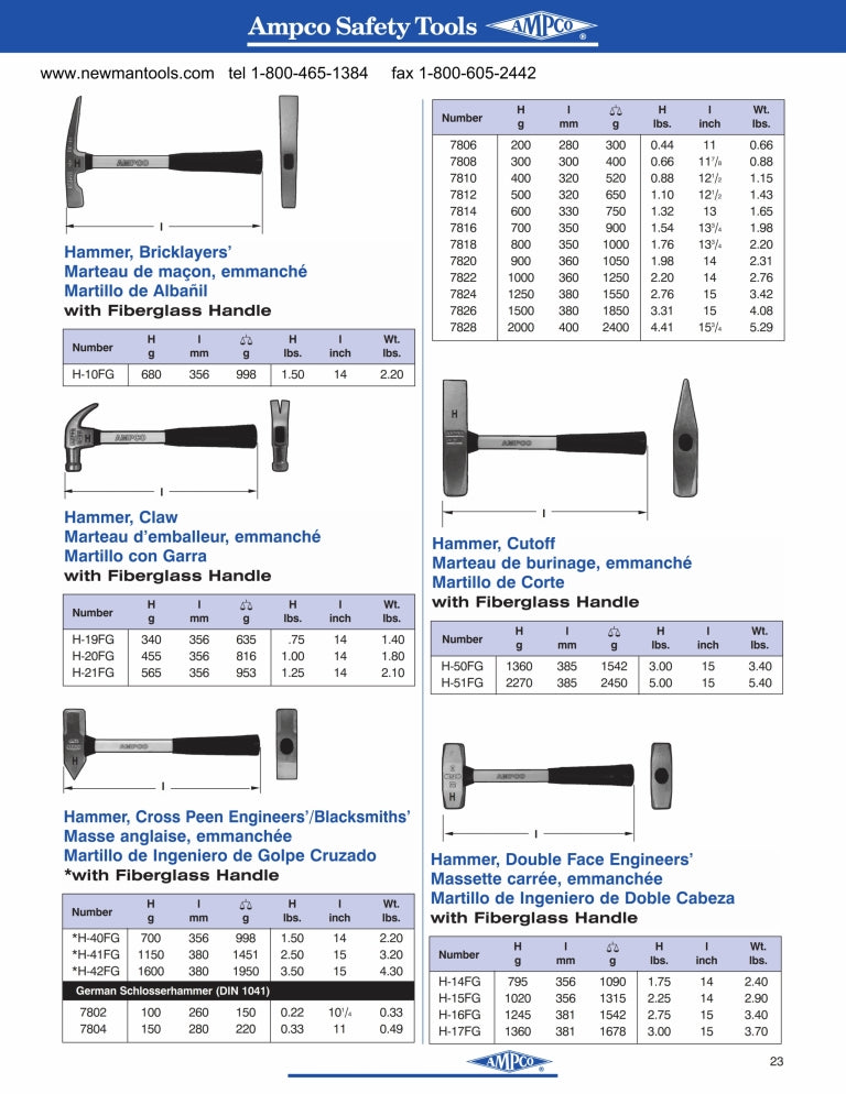 Martillo Bola de Herrero de 2.75 Libras, 14" de Largo Total Marca AMPCO Modelo H-16FG