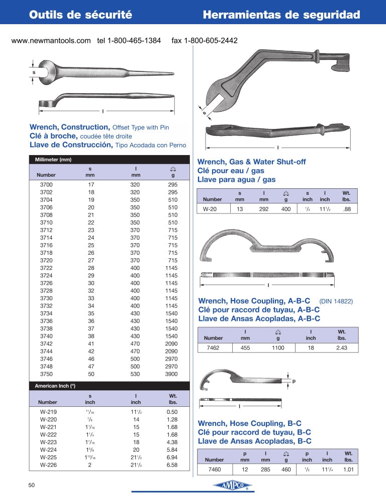 Llave de Construccion, Tipo Acodada con Perno 1-7/16 Marca AMPCO Modelo W-223