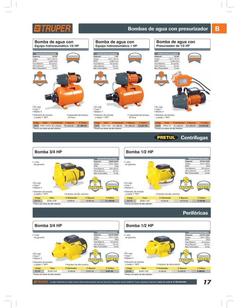 Bomba hidroneumática de 1/2HP, 24 litros Clave-HIDR-1/2X24