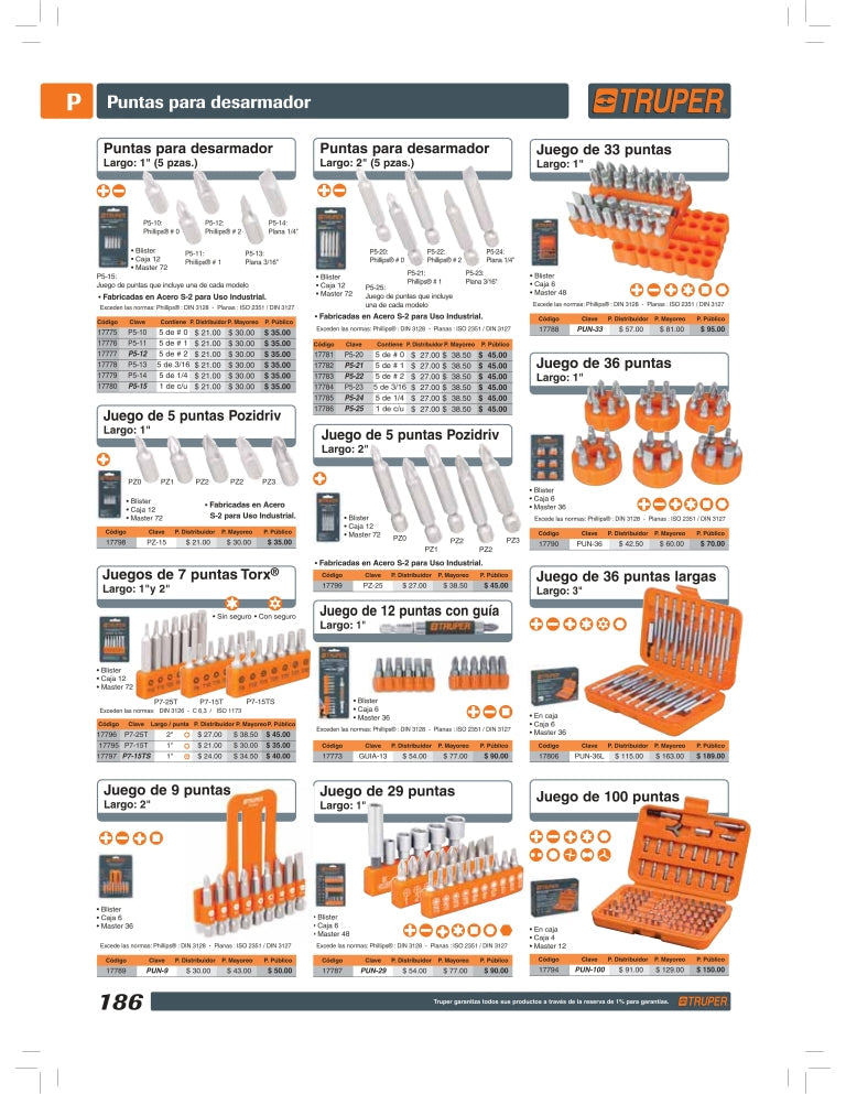 Juego de 7 puntas Torx, largo con seguro 1', en organizador Clave-P7-15TS